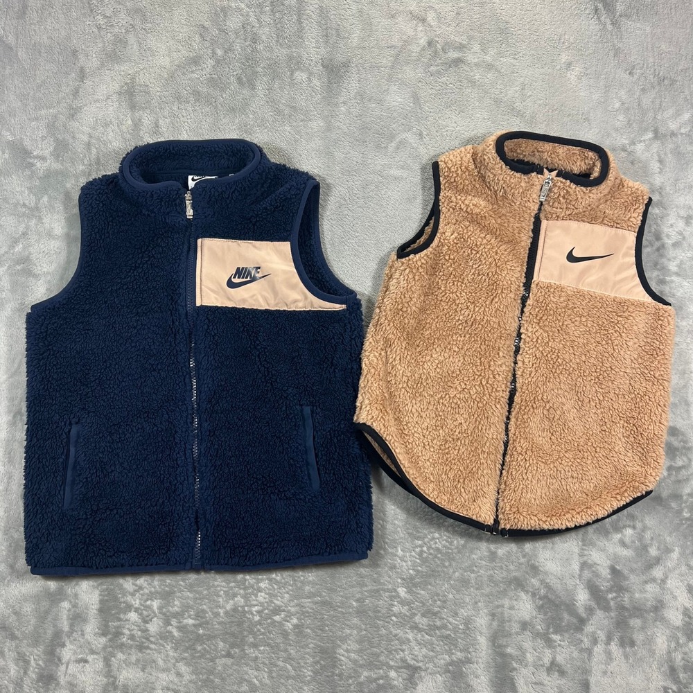 NIKE Sherpa Fleece Vest Bundle Kids Size 6 & 7 Navy Tan Full Zip Gilet Lot of 2